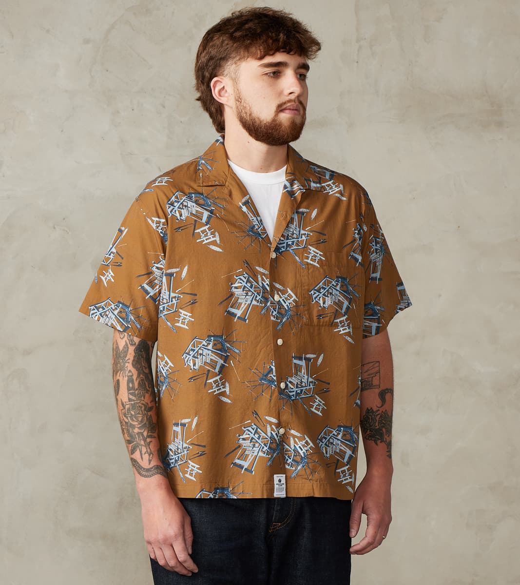 Momotaro Jeans - MMSS6004 - Cotton/Rayon Camp Shirt - Brown