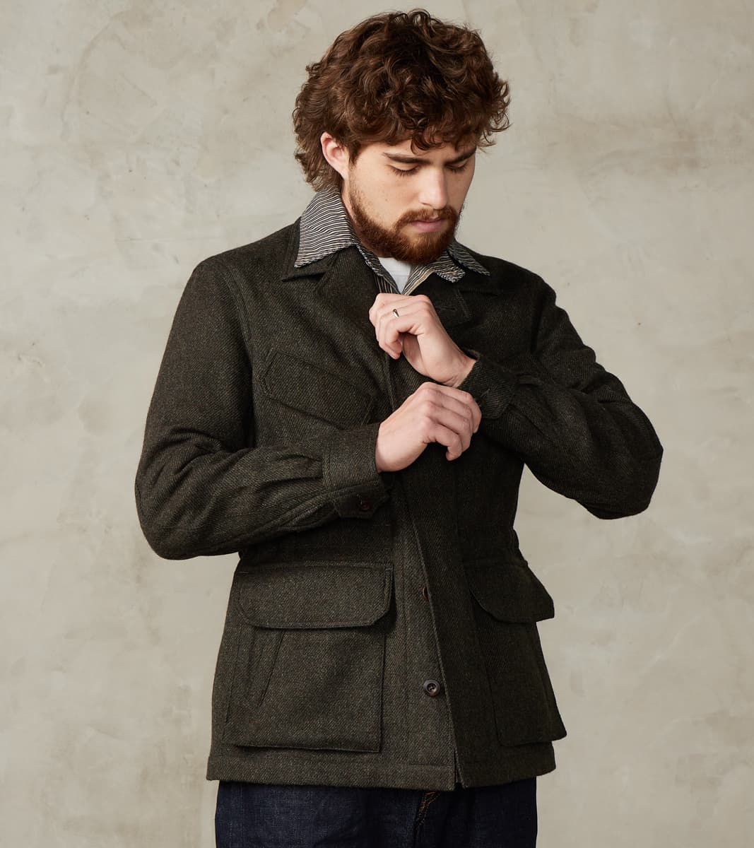 MotivMfg x Division Road French Army F-2 Fatigue Jacket - Fox Brothers® Dark Oliv…