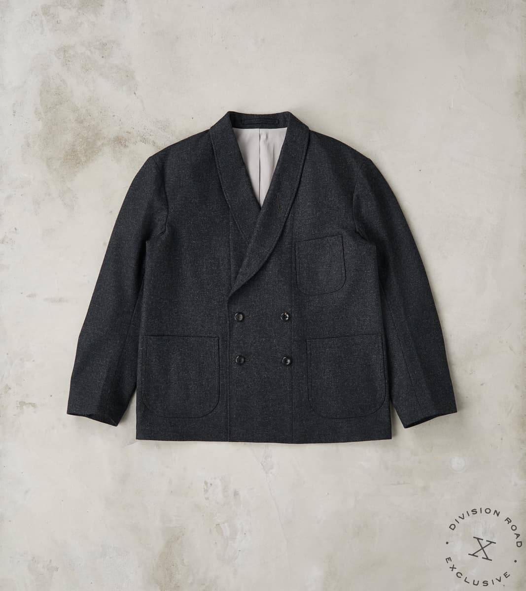 MotivMfg x Division Road French Army Shawl Sack Jacket - Abraham Moon® Coal Merin…