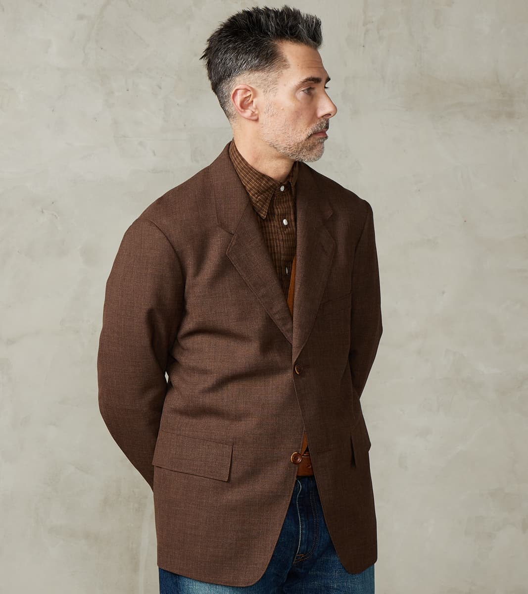 MotivMfg x Division Road American Sack Jacket - Fox Brothers® Chestnut Worsted Ai…