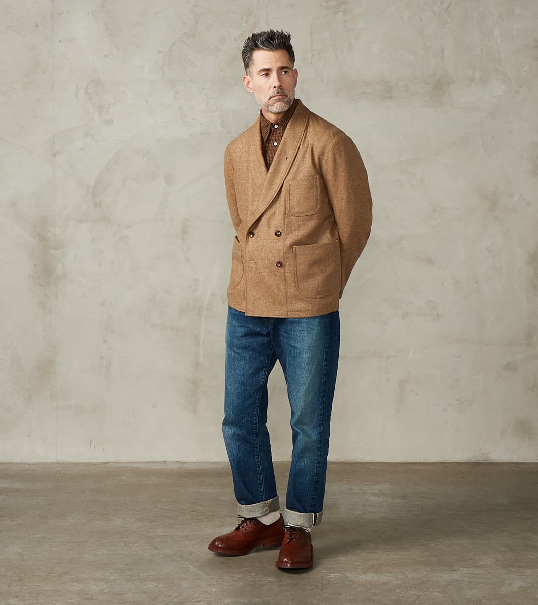 French Army Shawl Sack Jacket - Abraham Moon® Camel Merino Twill