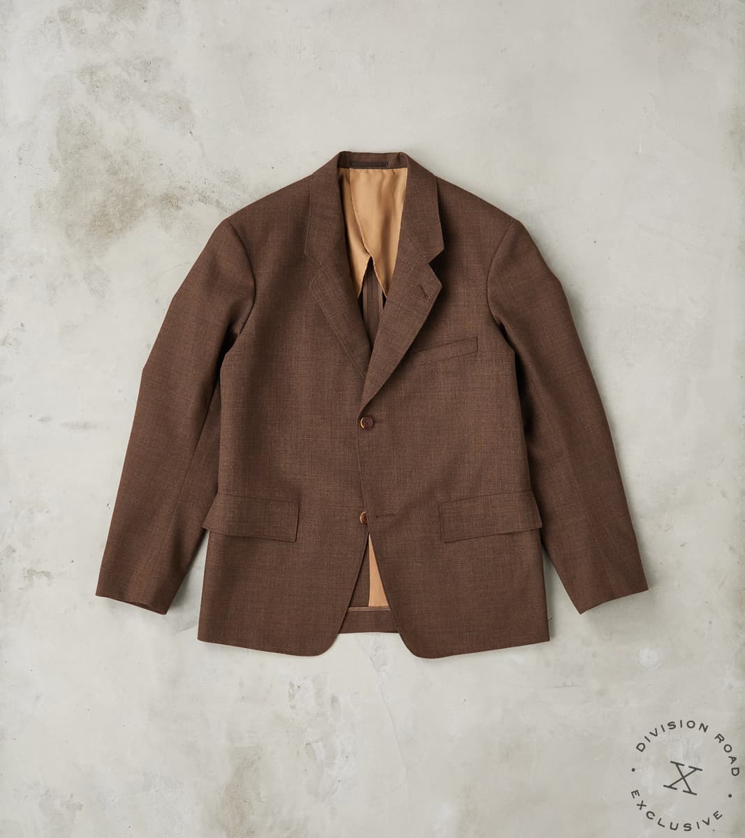 MotivMfg x Division Road American Sack Jacket - Fox Brothers® Chestnut Worsted Ai…