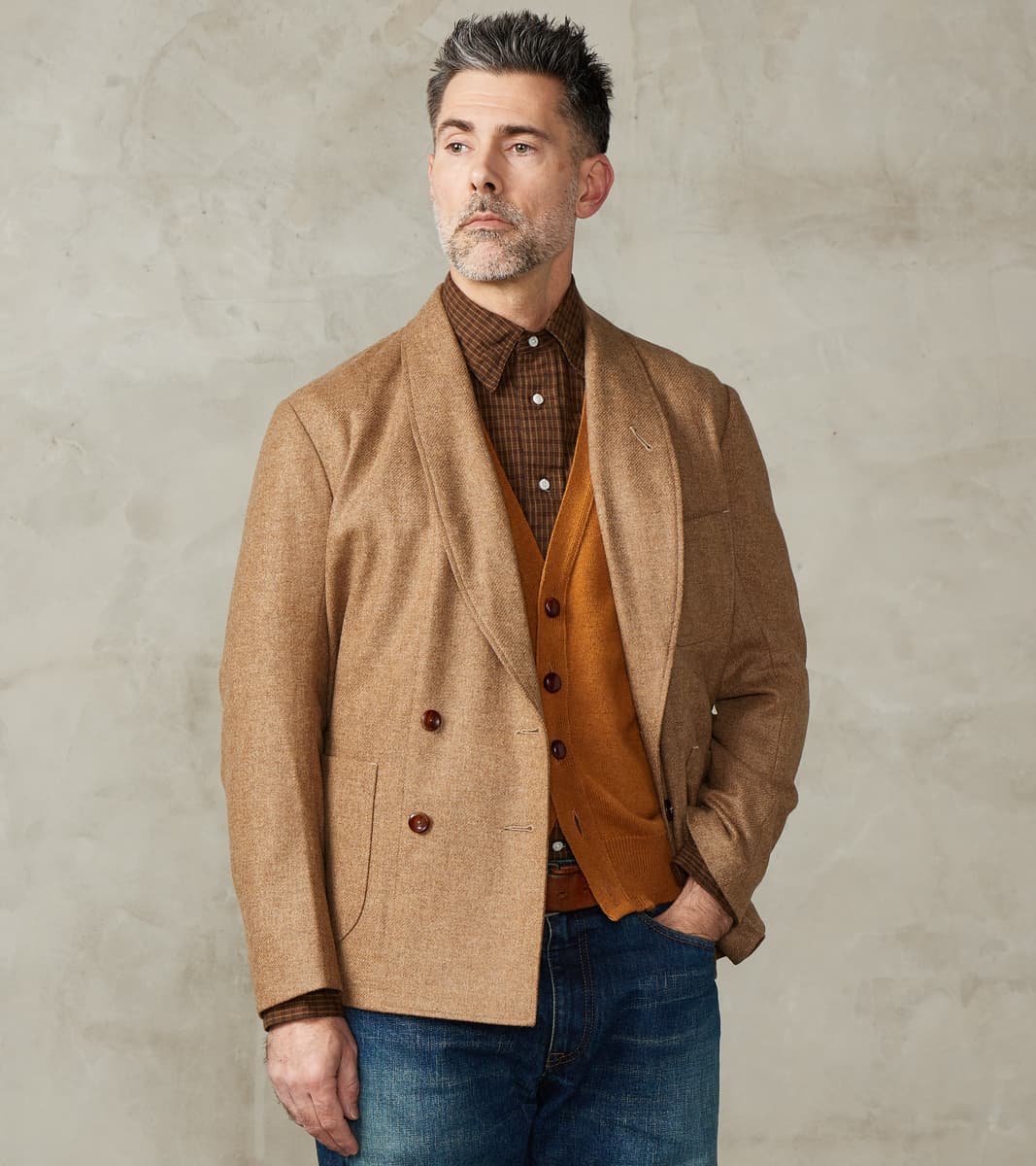 MotivMfg x Division Road French Army Shawl Sack Jacket - Abraham Moon® Camel Meri…