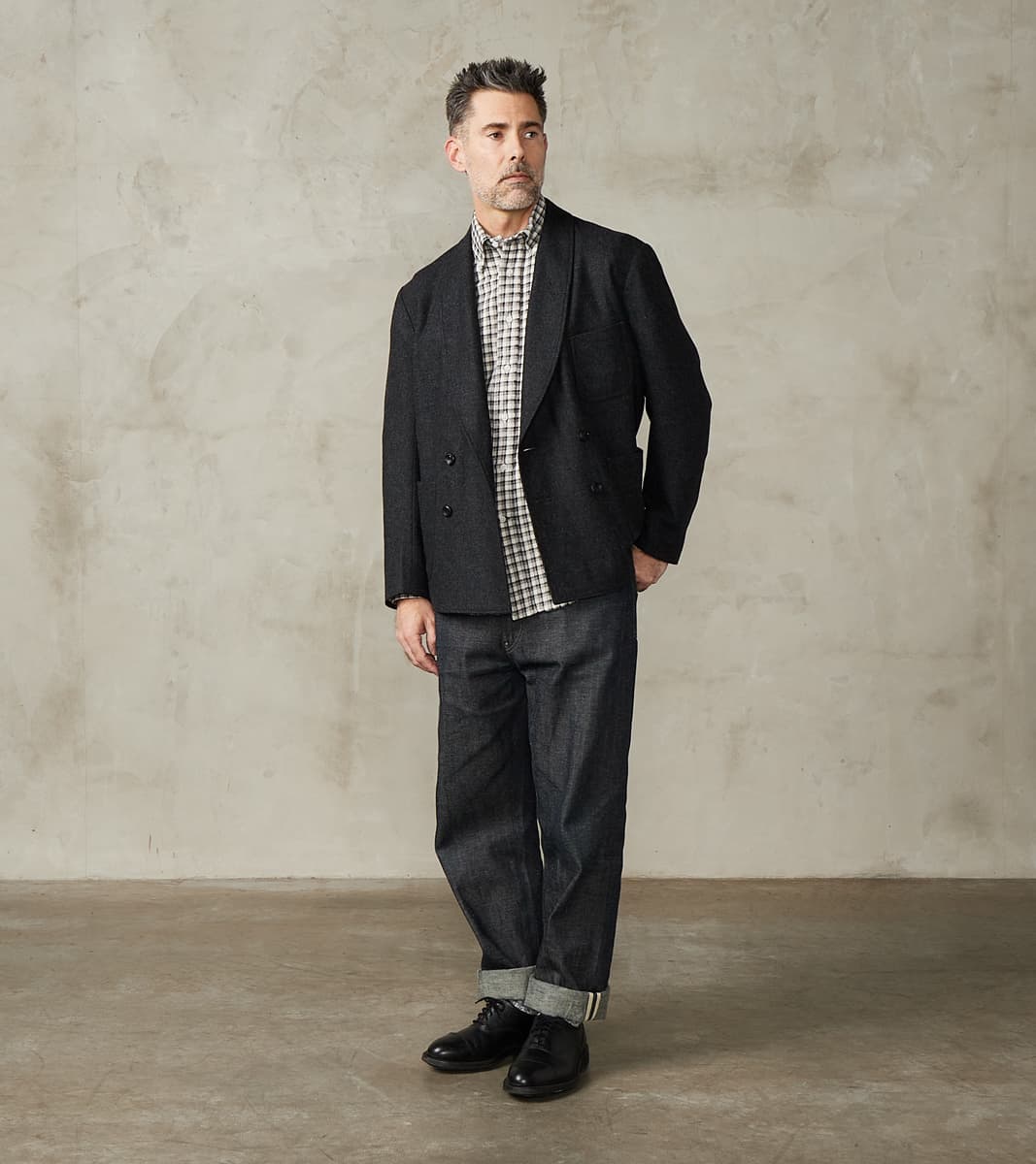 MotivMfg x Division Road French Army Shawl Sack Jacket - Abraham Moon® Coal Merin…