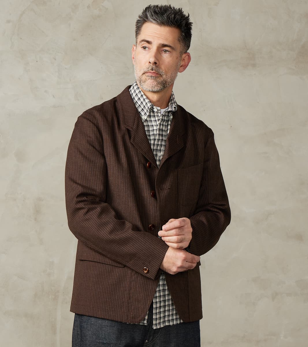 MotivMfg x Division Road English Hunt Work Jacket - Fox Brothers® Walnut Stripe W…