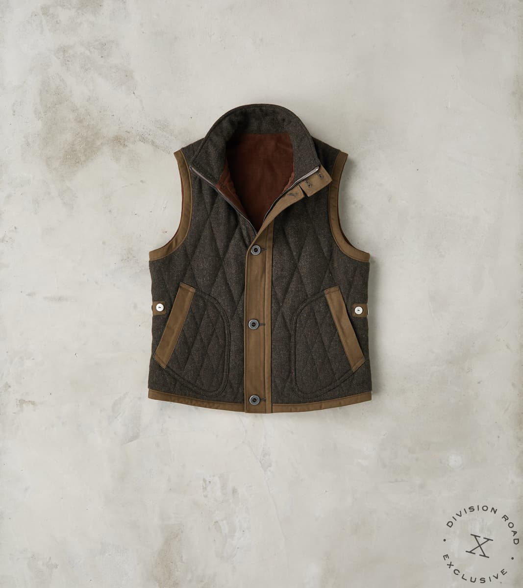 MotivMfg x Division Road French Fencing Hunt Vest - Fox Brothers® Dark Olive Twee…