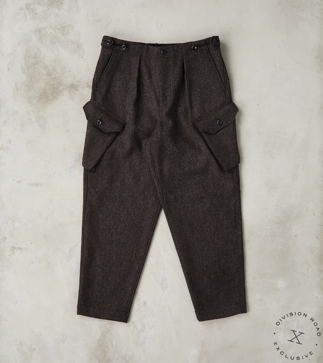 MotivMfg X Division Road Swiss Army Cargo Trousers - Fox Brothers® Dark Walnut Br…