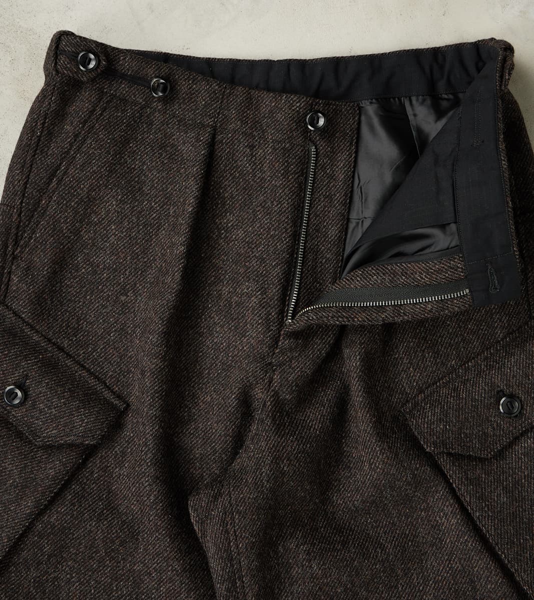 Swiss Army Cargo Trousers - Fox Brothers® Dark Walnut Brown Tweed Twill