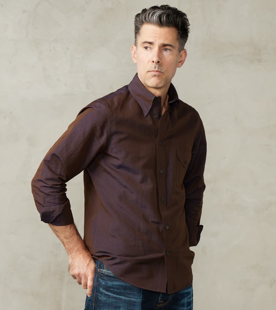 MotivMfg x Division Road American Camp Shirt - Mulberry Silk Cotton Crepe Broadcl…