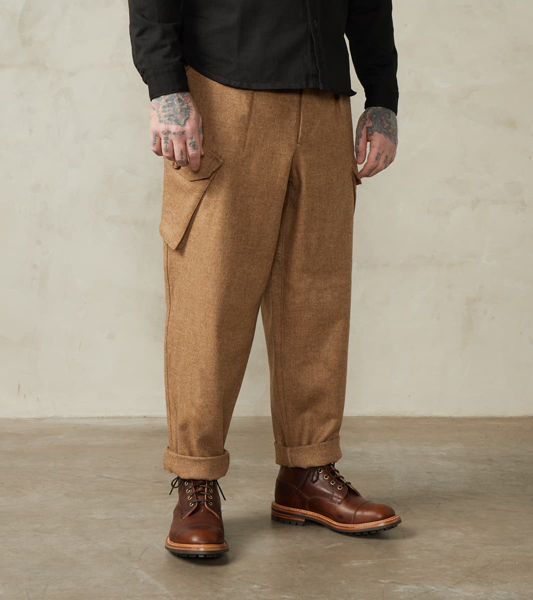 MotivMfg X Division Road Swiss Army Cargo Trousers - Abraham Moon® Camel Merino T…