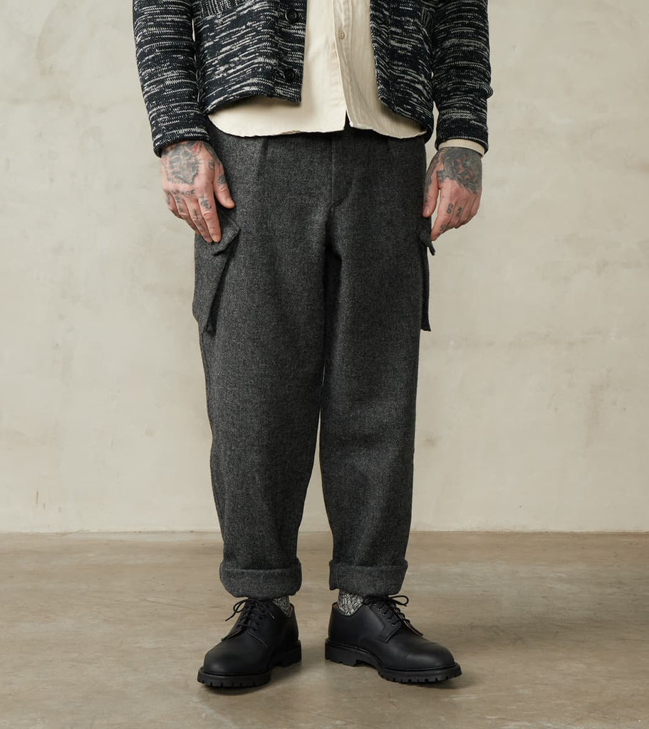 MotivMfg X Division Road Swiss Army Cargo Trousers - Fox Brothers® Grey Flannel T…