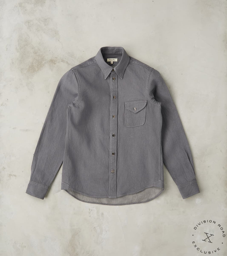 MotivMfg x Division Road American Camp Shirt - Concrete Linen Cotton Selvedge Den…