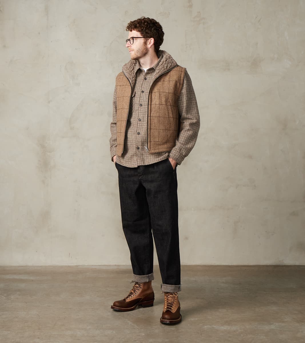 English Army Jerkin Vest - Marling & Evans® Natural Undyed Windowpane & Natural Fleece