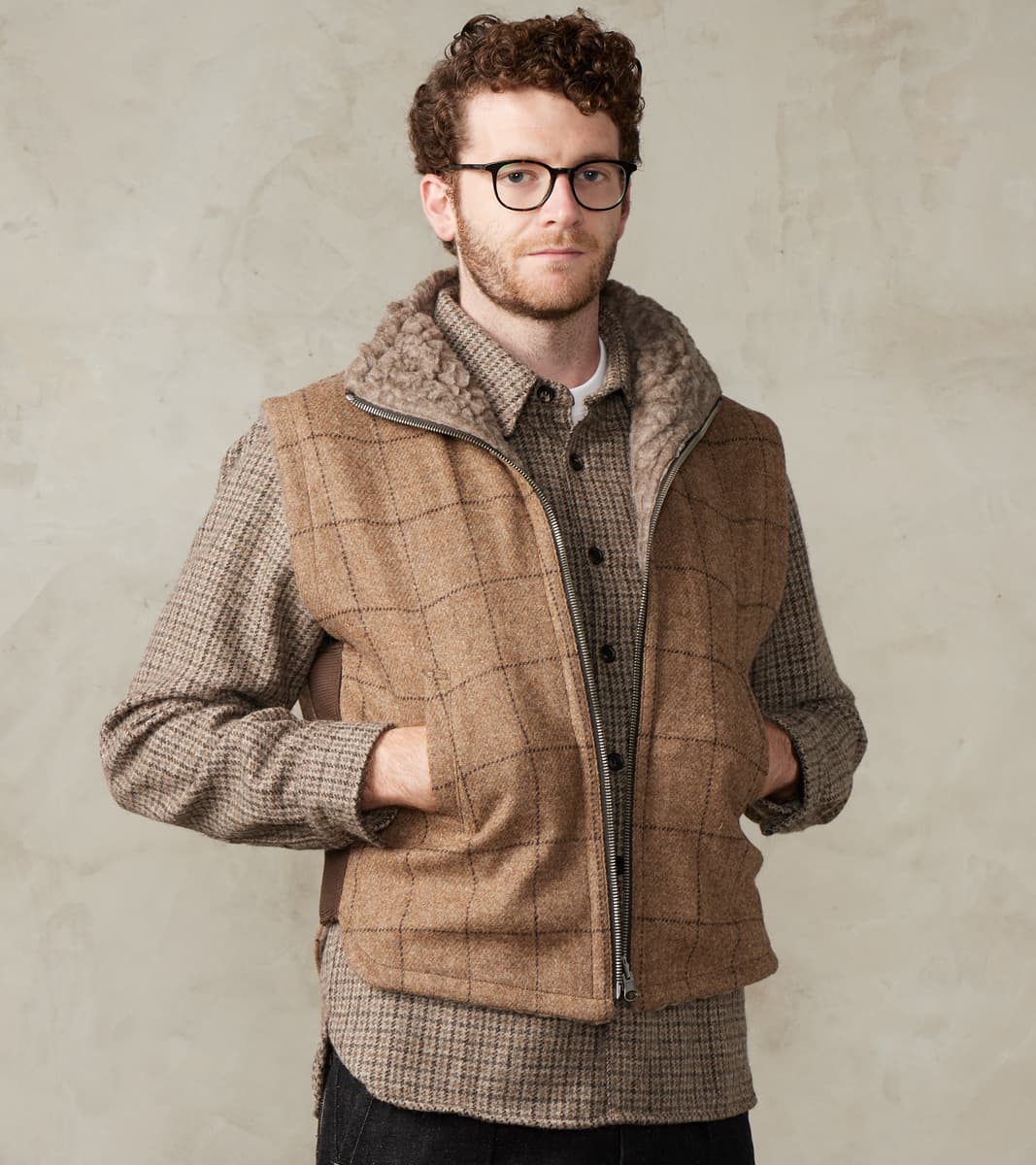 English Army Jerkin Vest - Marling & Evans® Natural Undyed Windowpane & Natural Fleece