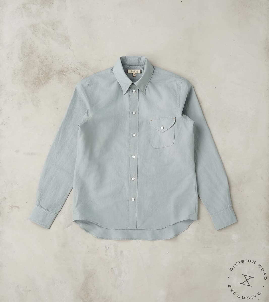 MotivMfg x Division Road American Camp Shirt - Aqua Silk Cotton Crepe Broadcloth