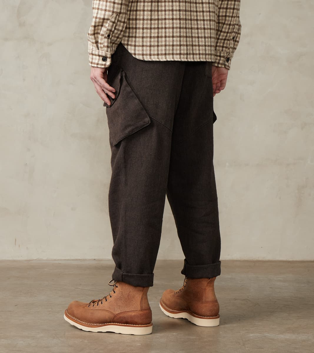 Swiss Army Cargo Trousers - Charcoal Brown Linen Wool Silk Herringbone Twill