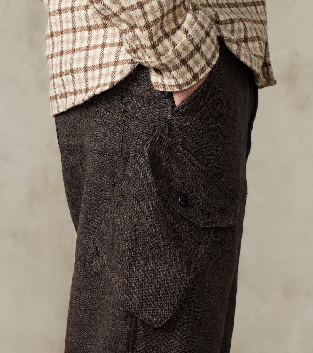 Swiss Army Cargo Trousers - Charcoal Brown Linen Wool Silk Herringbone Twill