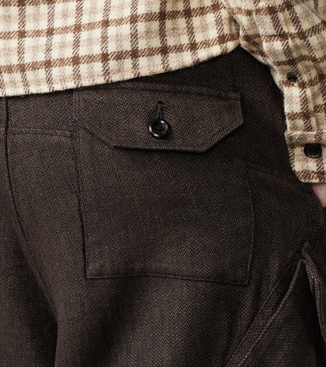 Swiss Army Cargo Trousers - Charcoal Brown Linen Wool Silk Herringbone Twill