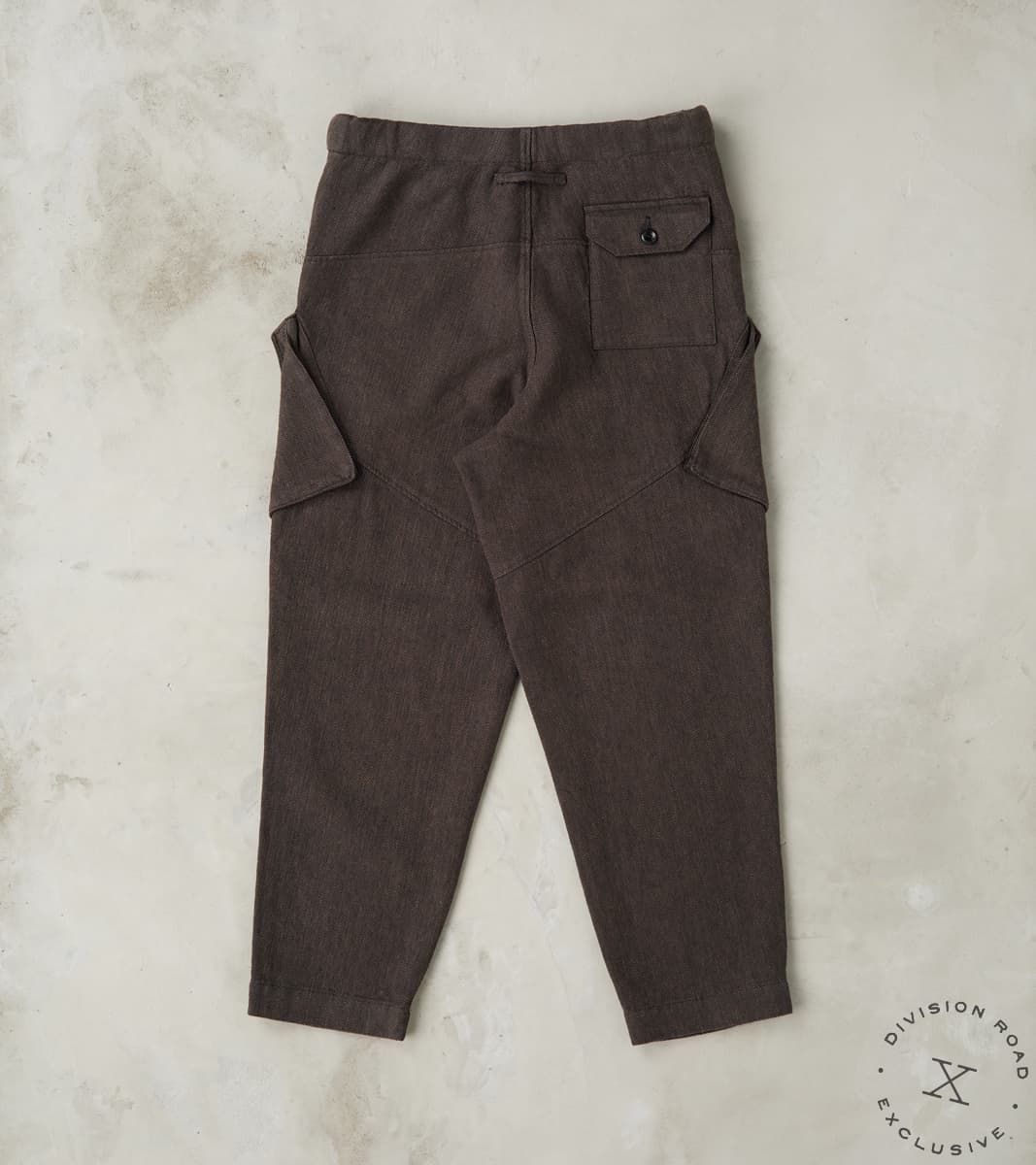 Swiss Army Cargo Trousers - Charcoal Brown Linen Wool Silk Herringbone Twill