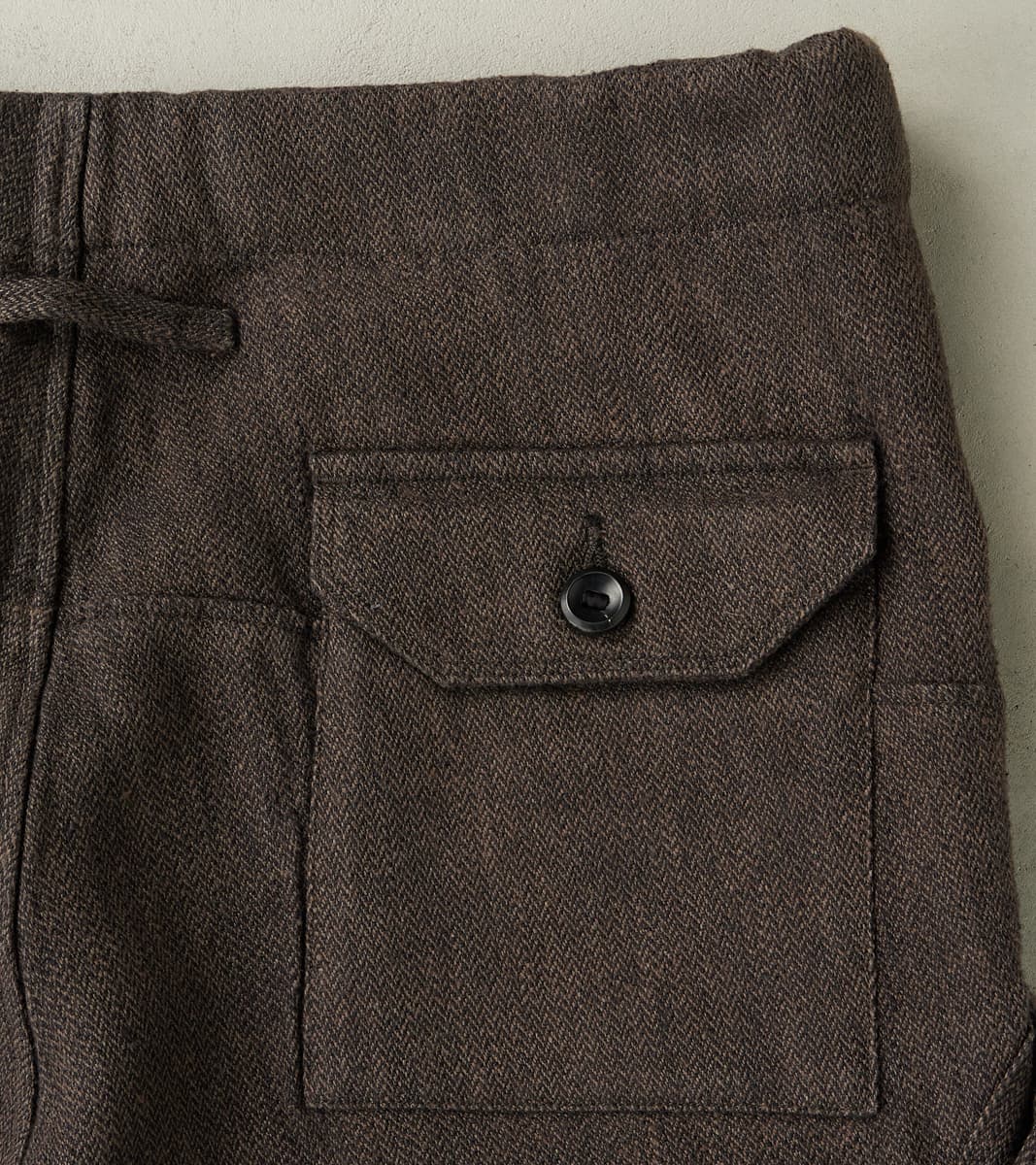 Swiss Army Cargo Trousers - Charcoal Brown Linen Wool Silk Herringbone Twill