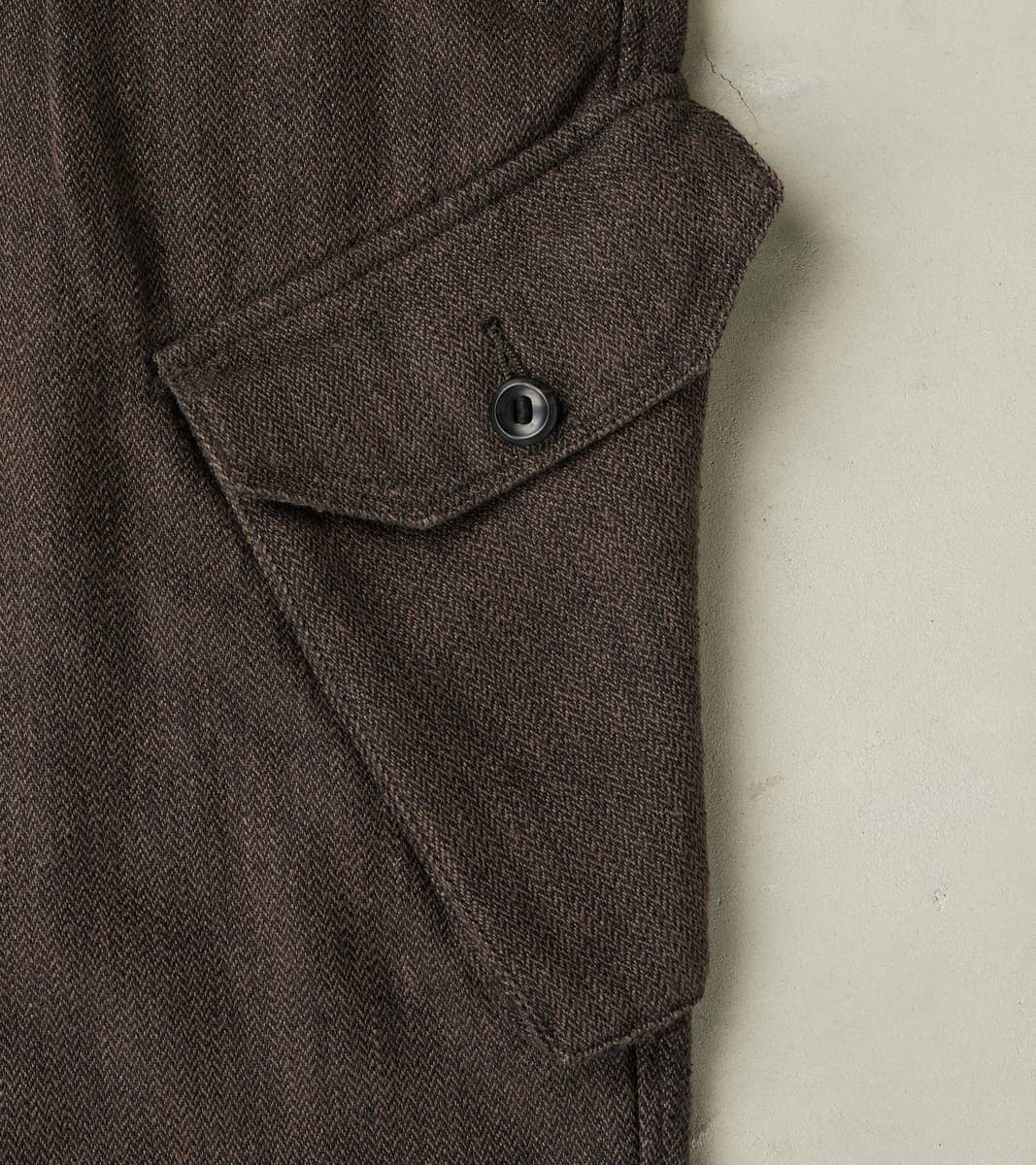 Swiss Army Cargo Trousers - Charcoal Brown Linen Wool Silk Herringbone Twill