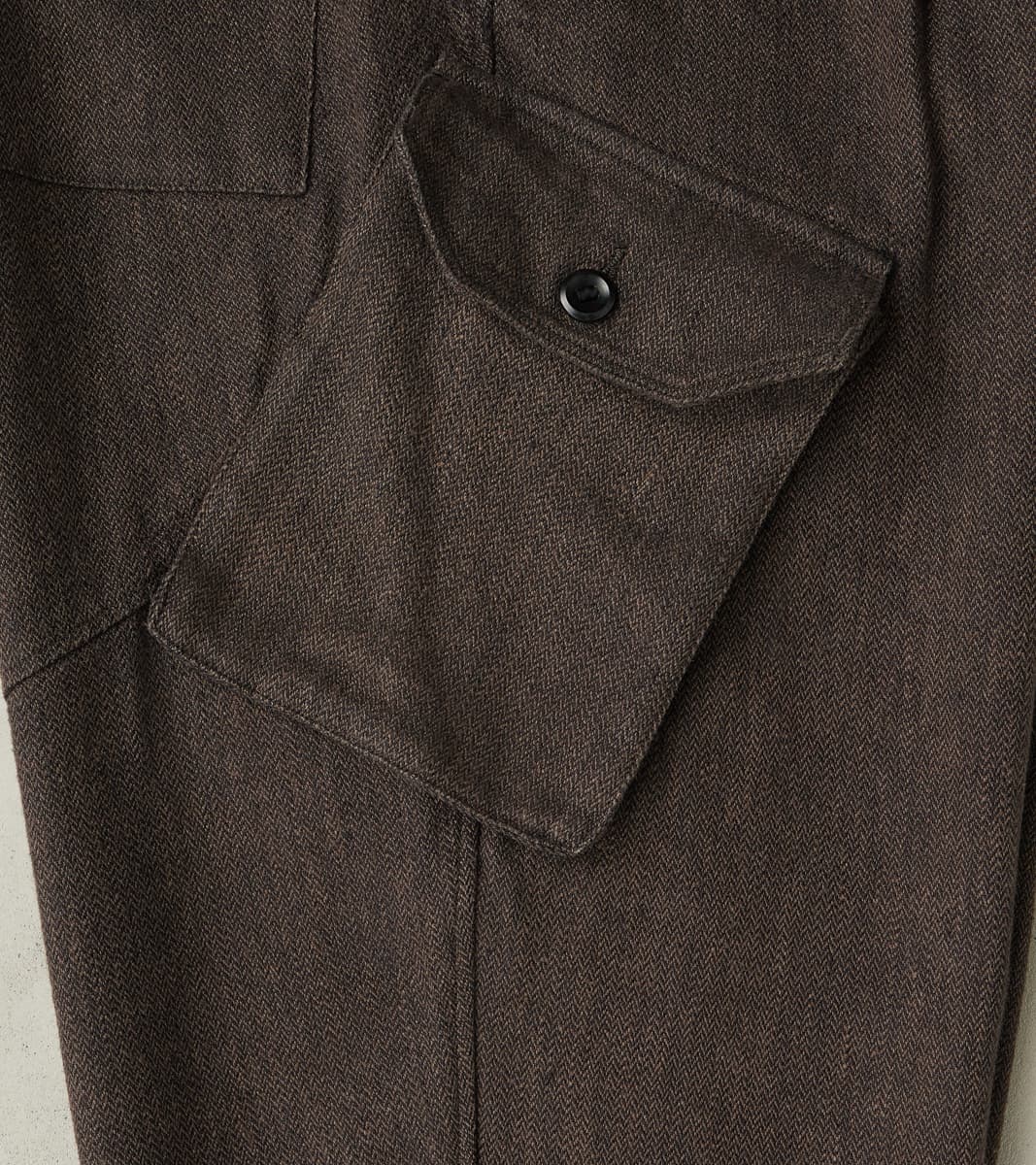 Swiss Army Cargo Trousers - Charcoal Brown Linen Wool Silk Herringbone Twill