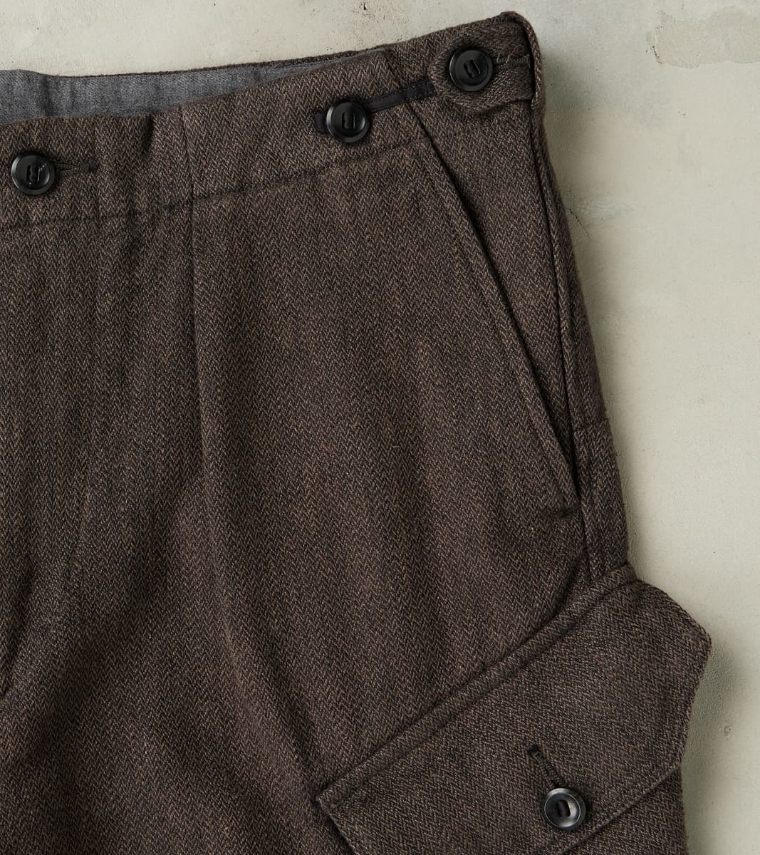 Swiss Army Cargo Trousers - Charcoal Brown Linen Wool Silk Herringbone Twill