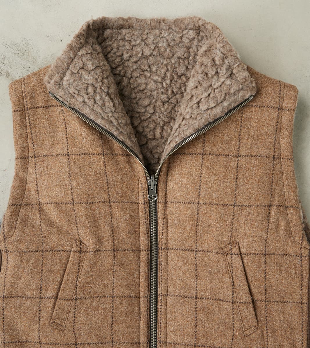 English Army Jerkin Vest - Marling & Evans® Natural Undyed Windowpane & Natural Fleece