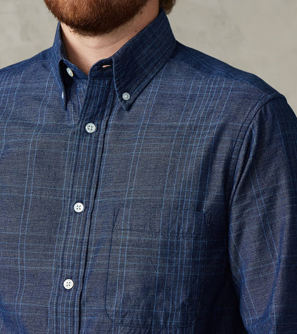 No.5 Classic Button Down - Handwoven Selvedge Stout Weave Chambray - Indigo Check