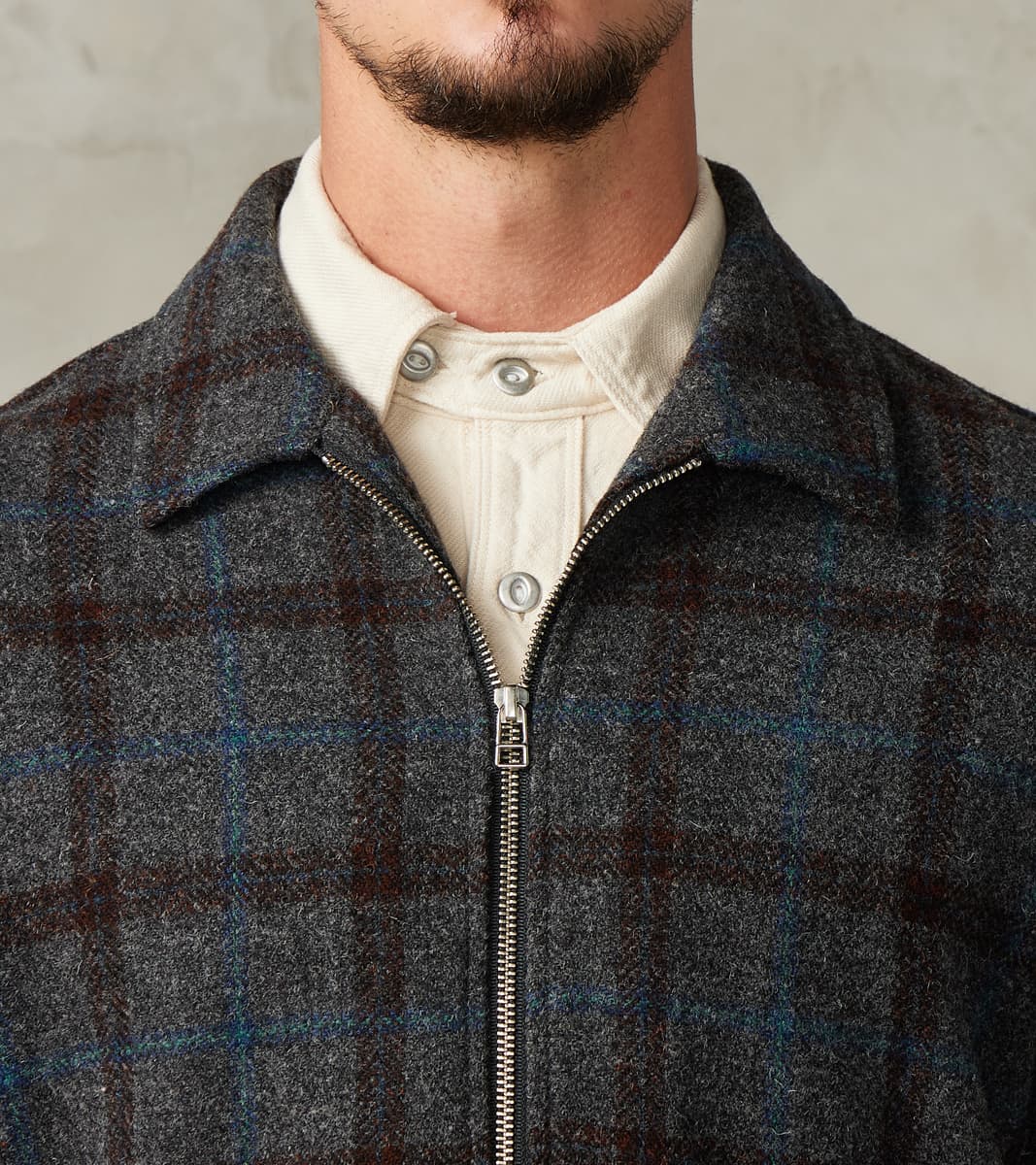 Italian Tweed Plaid Zip Overshirt - Grey