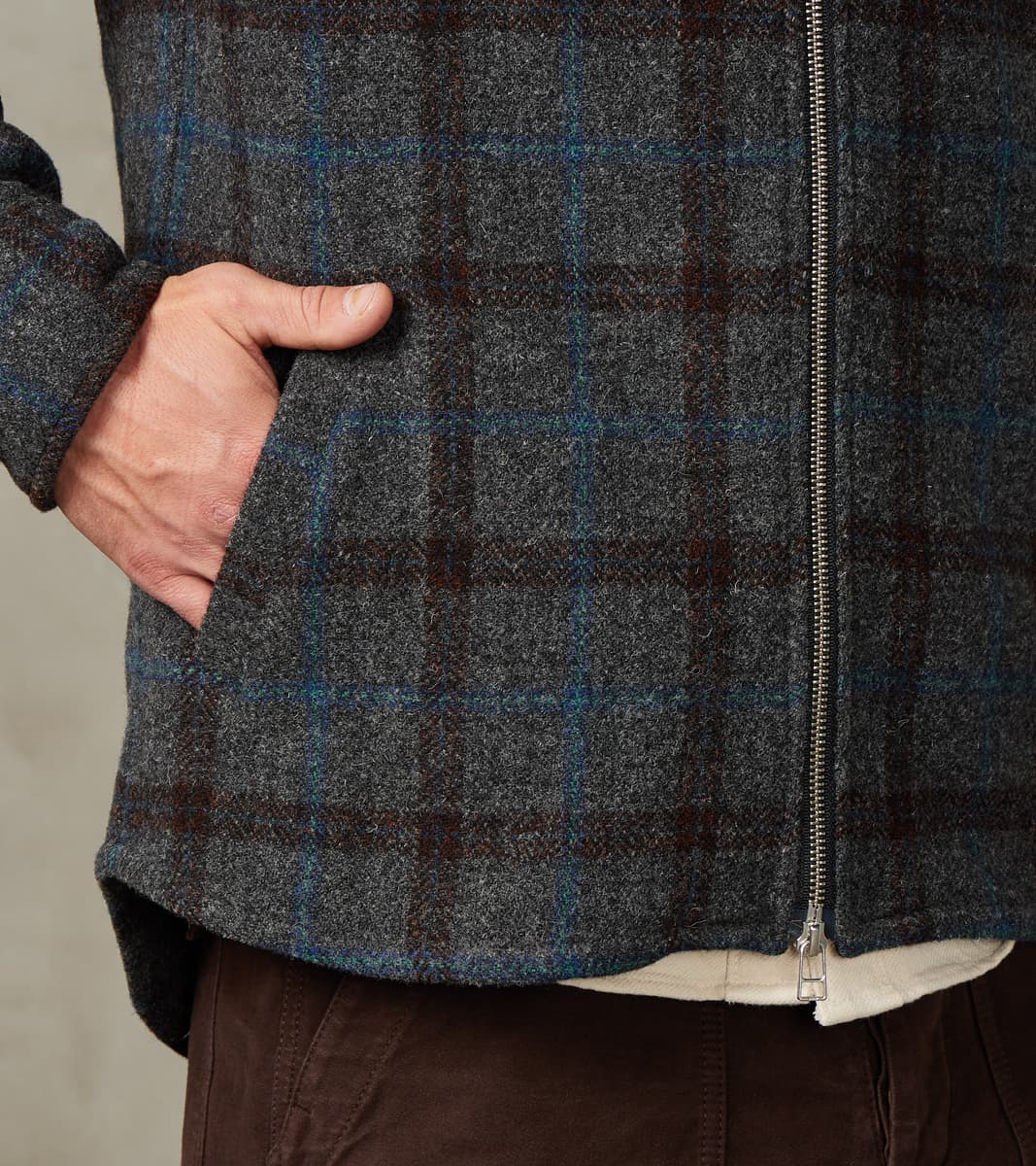 Italian Tweed Plaid Zip Overshirt - Grey
