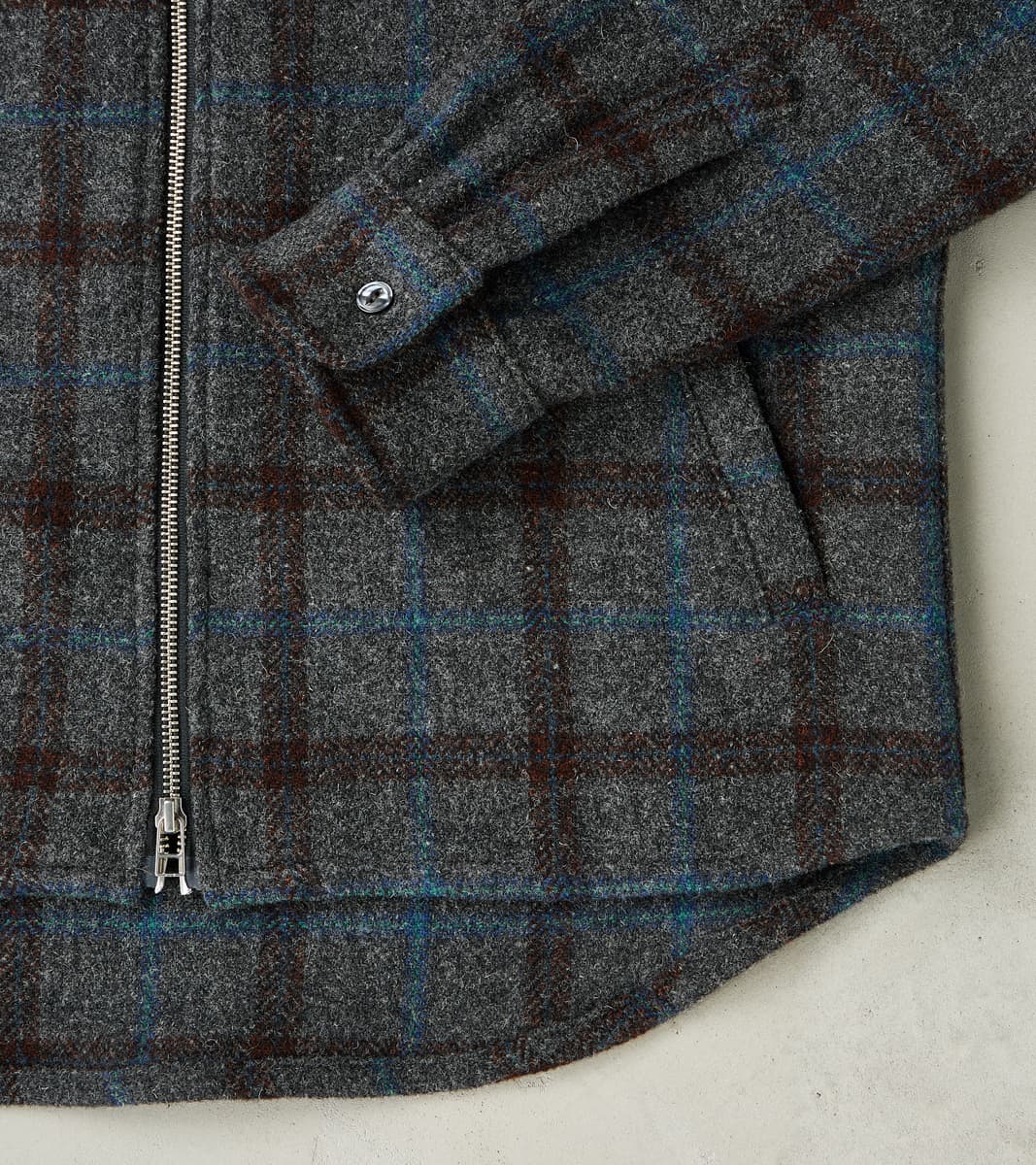 Italian Tweed Plaid Zip Overshirt - Grey