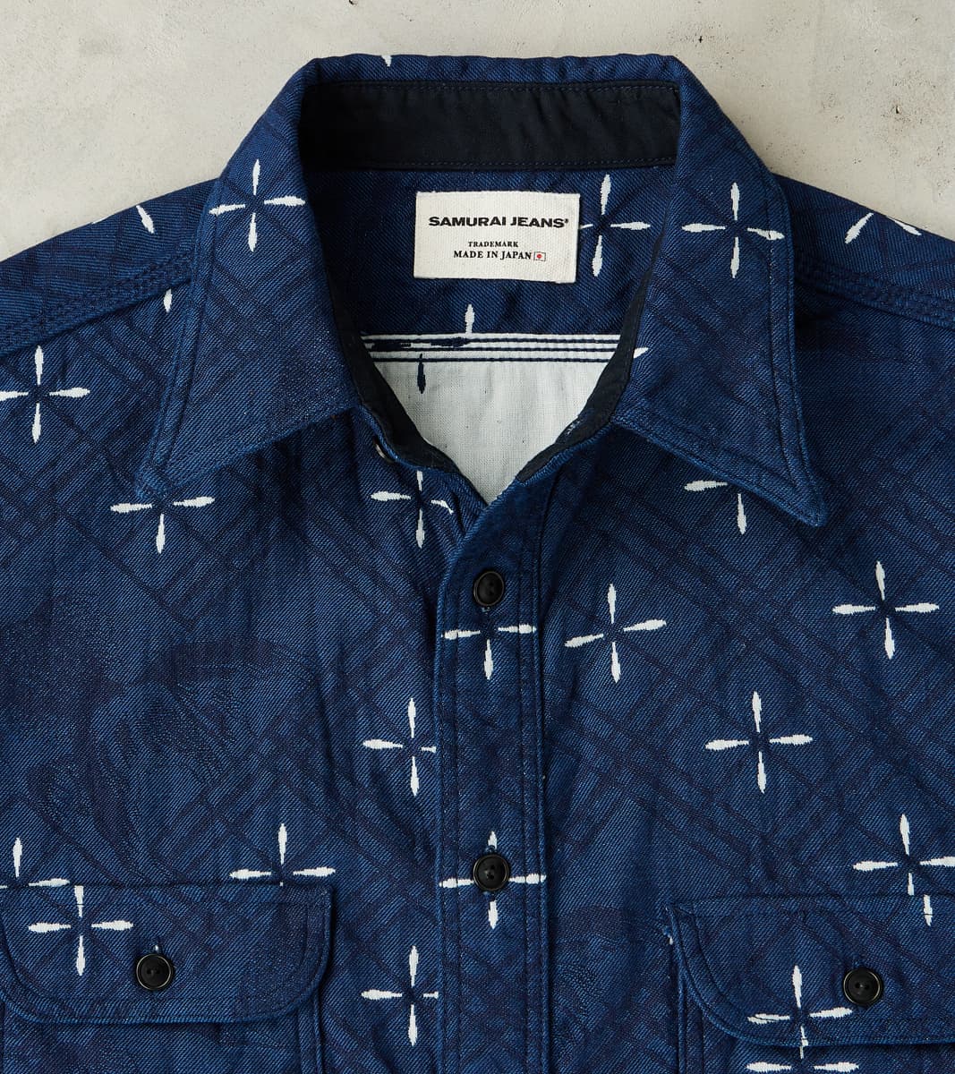 SSS25-02W Indigo Dyed Narihirabishi Goldfish Jacquard Work Shirt