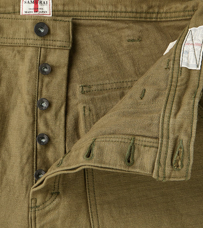 SJ52BP 15oz Selvedge Heavy Back Satin Olive Baker Pant - Regular Straight