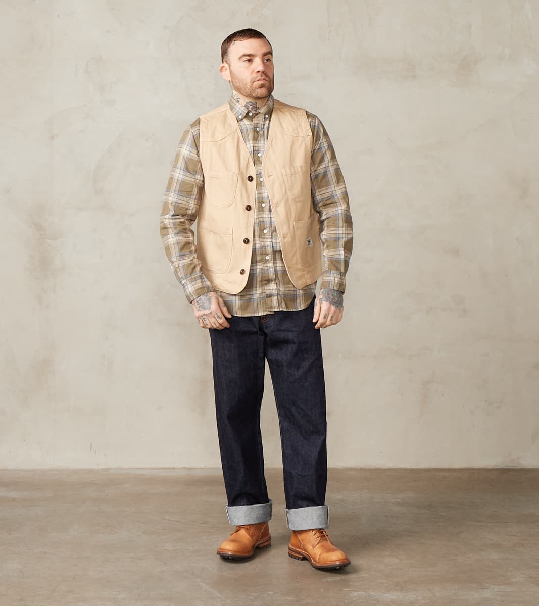 Fisherman Vest - Khaki Herringbone Twill