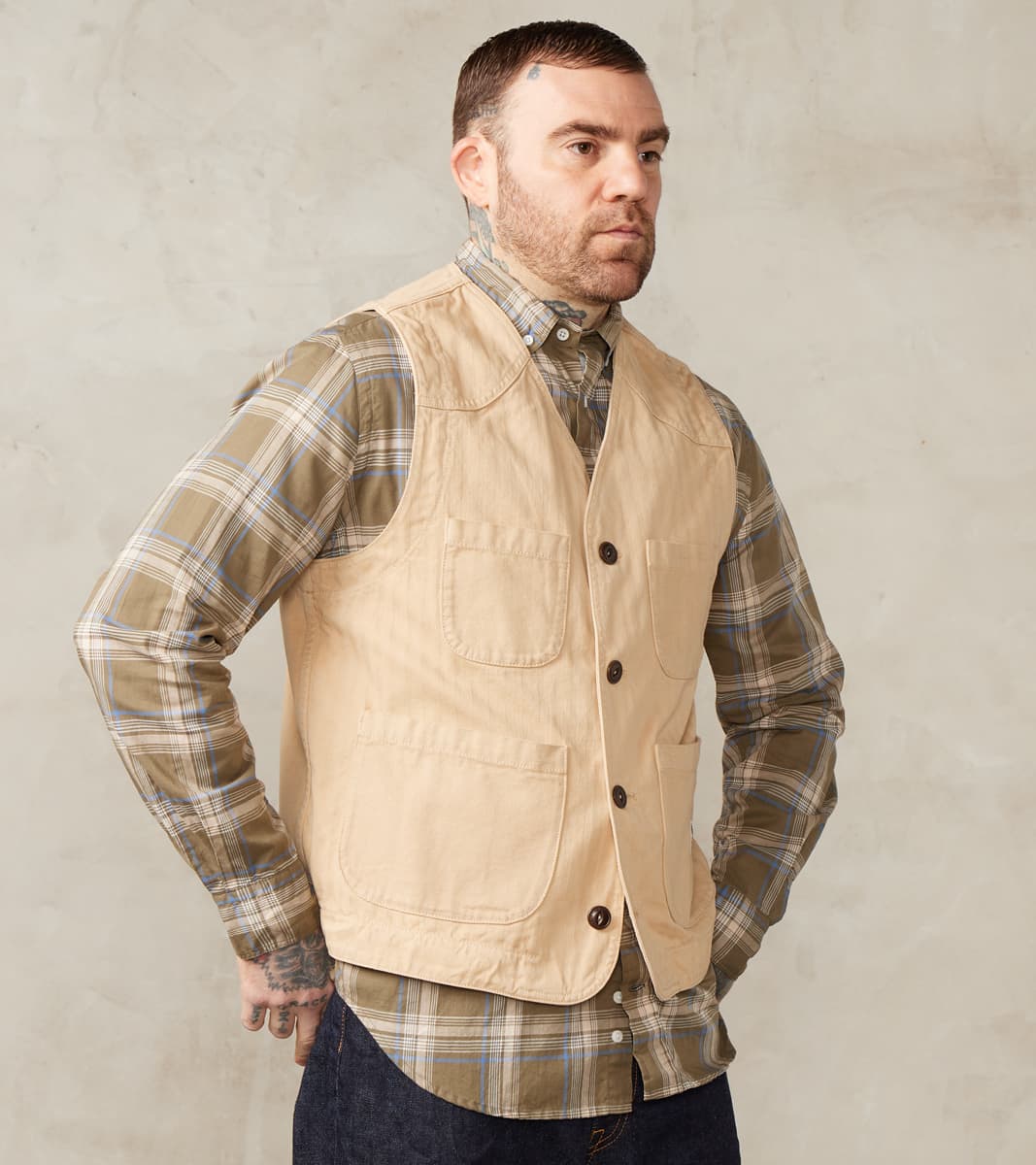 The Quartermaster - Fisherman Vest - Khaki Herringbone Twill