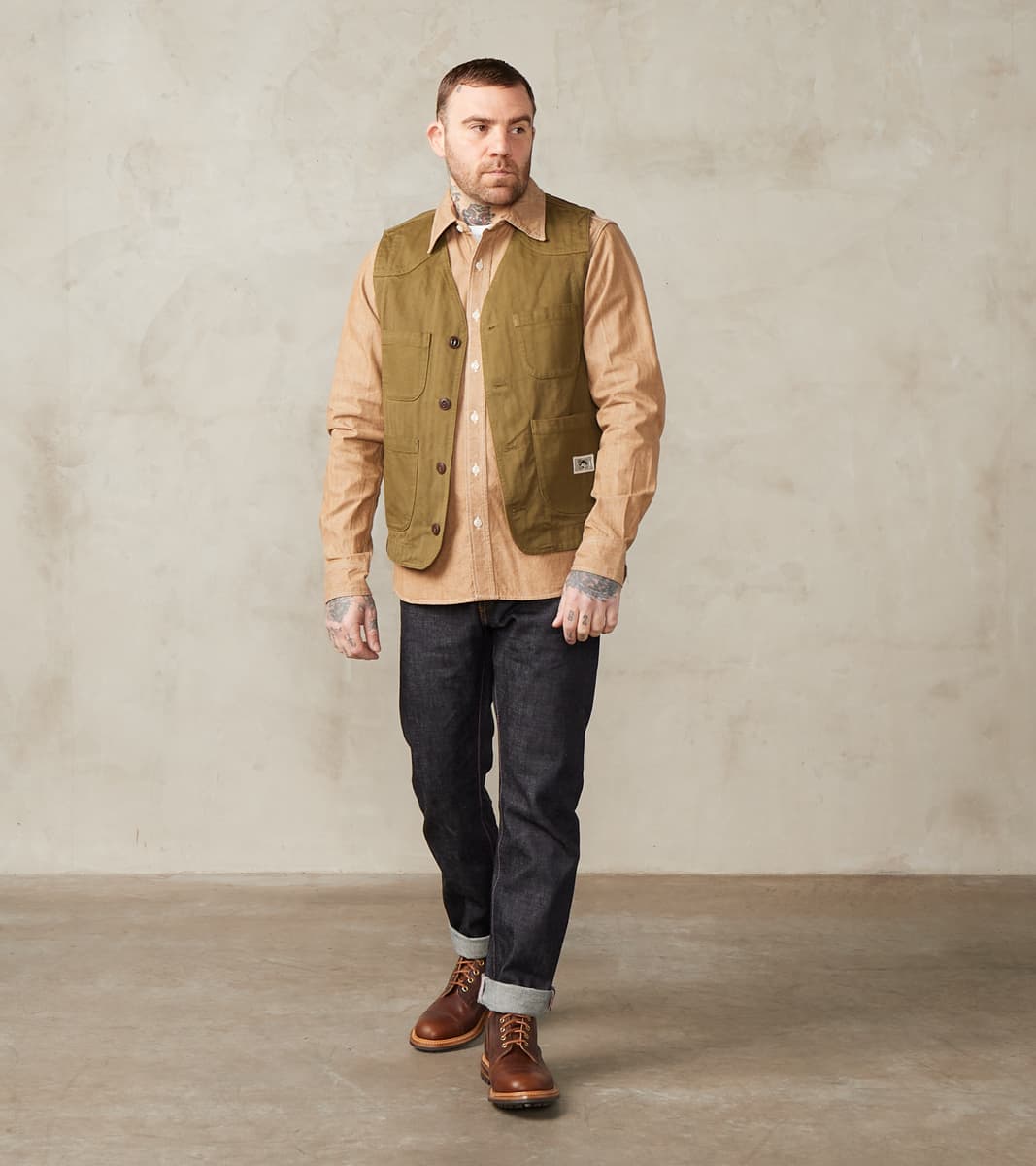 The Quartermaster - Fisherman Vest - Olive Herringbone Twill