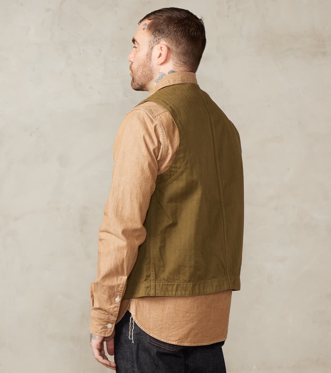 Fisherman Vest - Olive Herringbone Twill