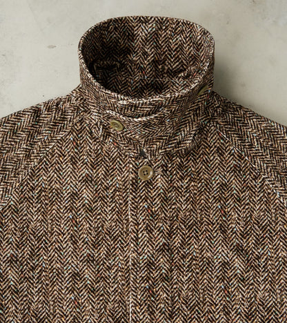 Fly Front Raglan Coat - Herringbone Neps Tweed Printed Corduroy - Gray