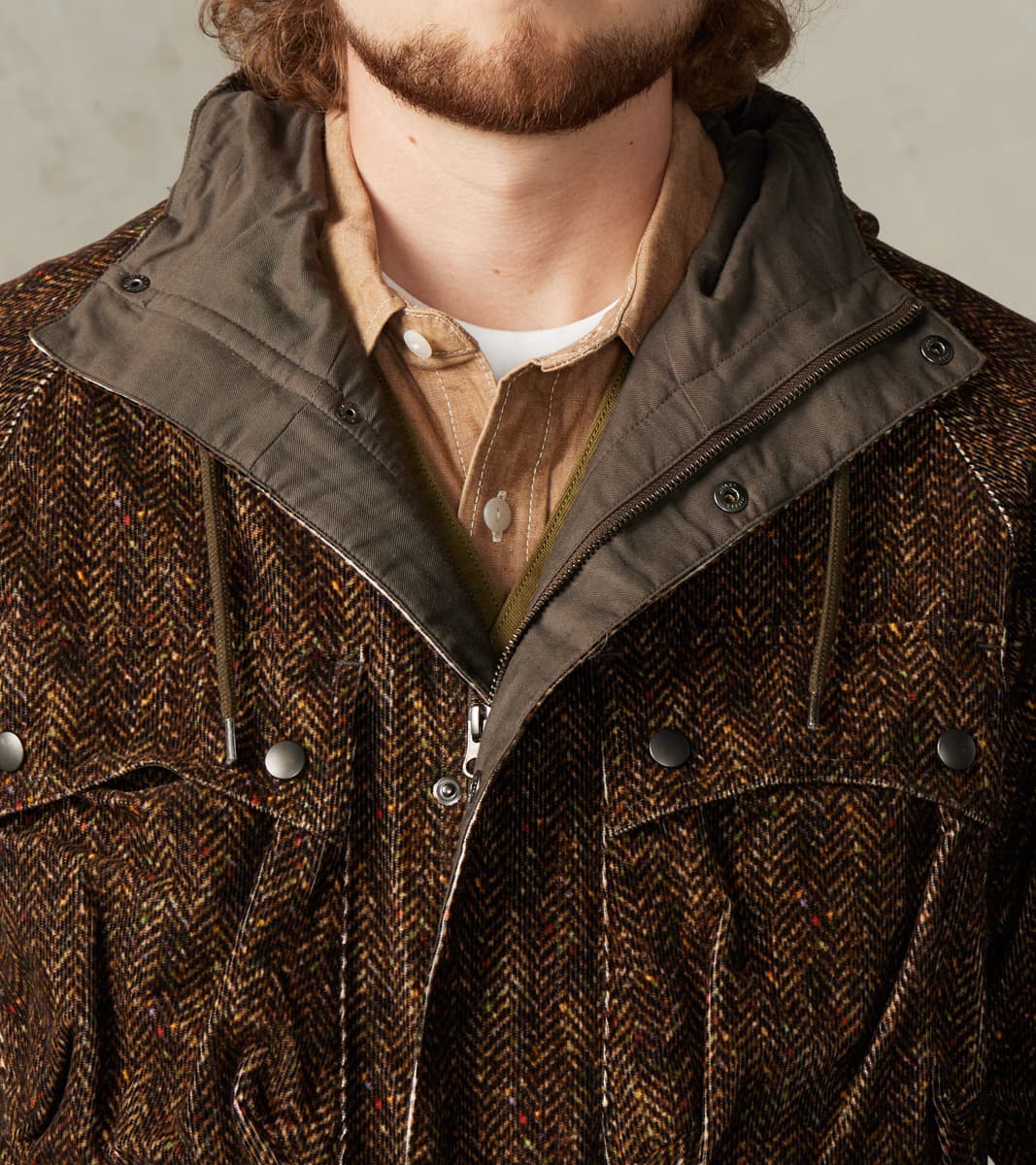 Mountain Parka - Herringbone Neps Tweed Printed Corduroy - Dark Olive