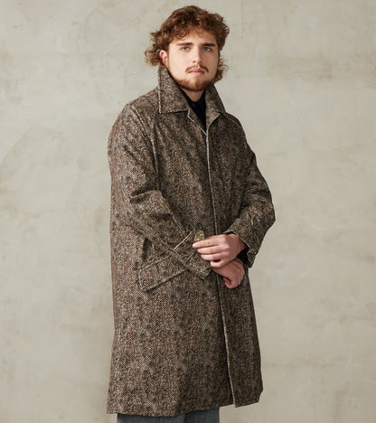 Fly Front Raglan Coat - Herringbone Neps Tweed Printed Corduroy - Gray