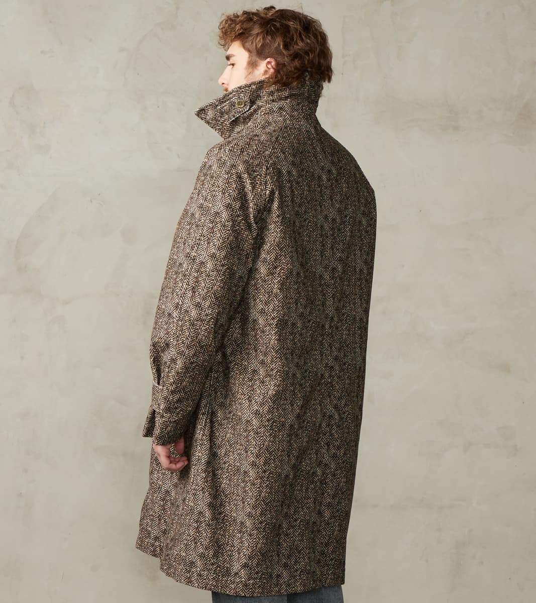 Fly Front Raglan Coat - Herringbone Neps Tweed Printed Corduroy - Gray