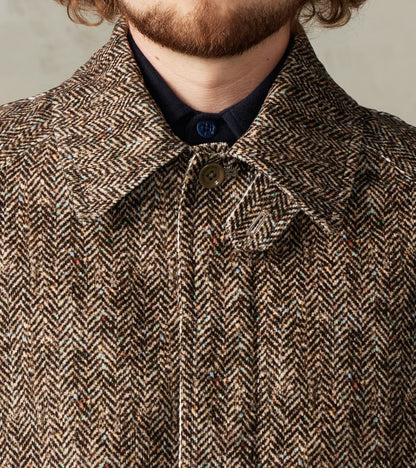 Fly Front Raglan Coat - Herringbone Neps Tweed Printed Corduroy - Gray