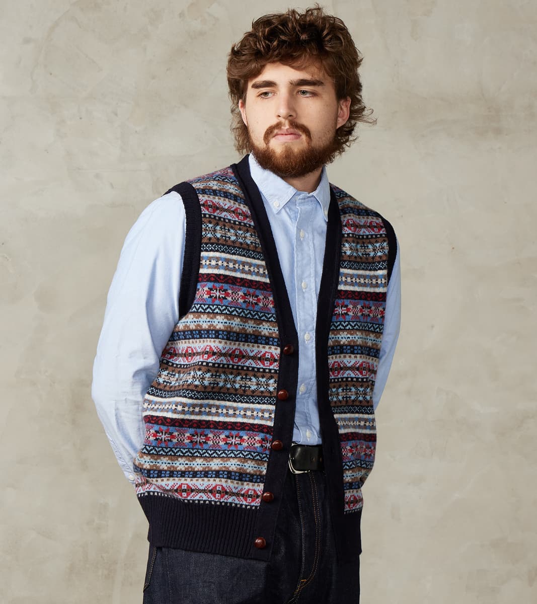 William Lockie x Division Road Oxford Fair Isle Lambswool Vest - Collegiate Blue