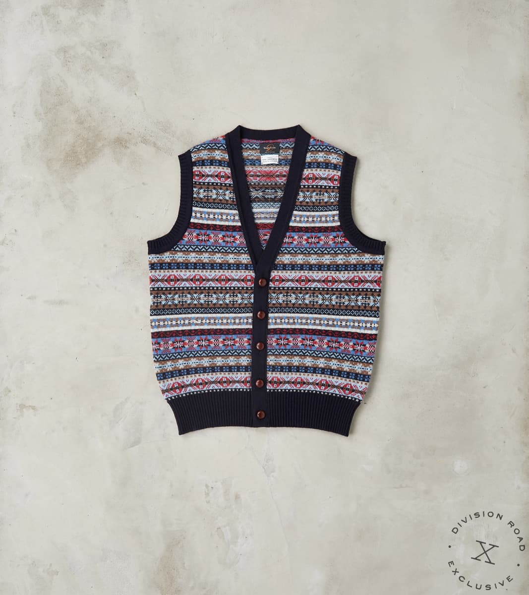 William Lockie x Division Road Oxford Fair Isle Lambswool Vest - Collegiate Blue
