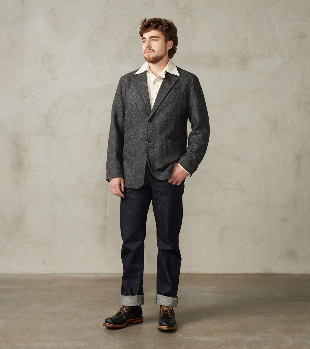 Single Breasted 2-Button Jacket - Neps Virgin Wool Tweed Cloth - Gray