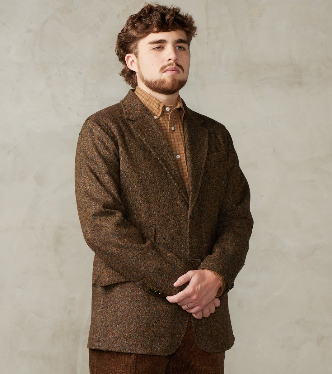 Single Breasted 2-Button Jacket - Neps Virgin Wool Tweed Cloth - Khaki