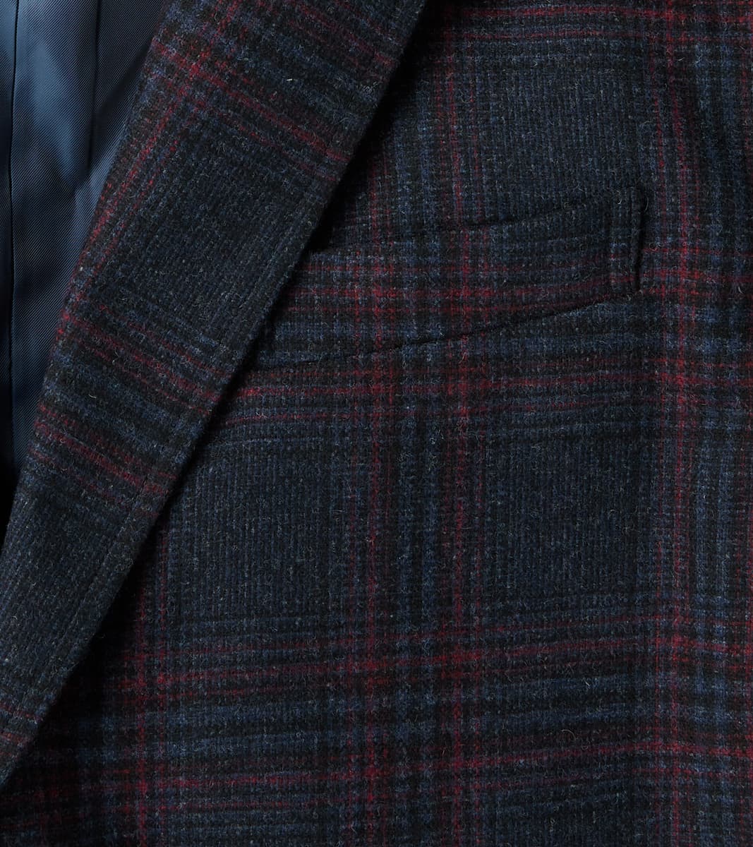 Single Breasted 2-Button Jacket - Glen Plaid Wool Blend Cloth - Navy