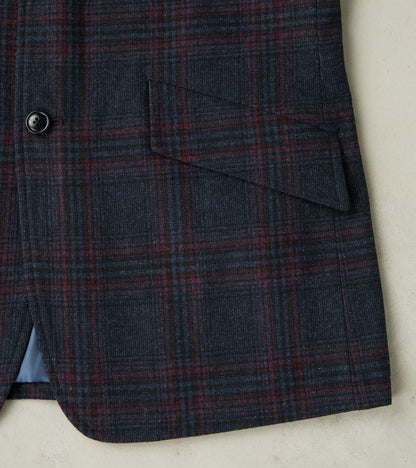 Single Breasted 2-Button Jacket - Glen Plaid Wool Blend Cloth - Navy