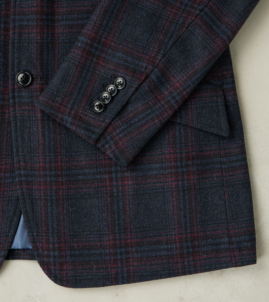 Single Breasted 2-Button Jacket - Glen Plaid Wool Blend Cloth - Navy